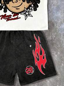 SHEIN 青少年男孩休闲简约风格涂鸦卡通肖像英文字母运动街头风格扎染Y2K短袖圆领两件套，适合夏季