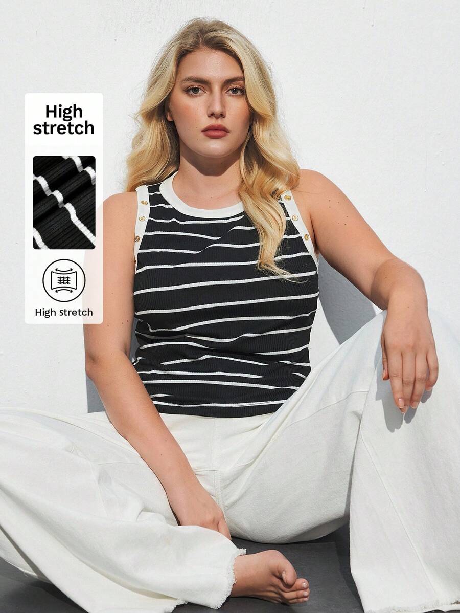 Maija 大码女式纽扣细节条纹圆领背心，适合夏季优雅时尚波西米亚海滩度假风格休闲夏季短款上衣，西部风商务休闲外出度假办公室