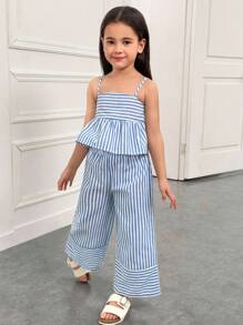 SHEIN Young Girl's Casual Vacation College Commute Street Fashion Camisole Splice A-Line Woven Blue White Striped Top And Matching Splice Wide Leg Pants Set Girls Blue Striped Two Piece Outfit Girls Summer Outfit Blue And White Striped Pants Set Girls Kids Striped Wide Leg Pants Outfit