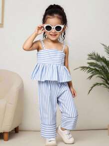 SHEIN Young Girl's Casual Vacation College Commute Street Fashion Camisole Splice A-Line Woven Blue White Striped Top And Matching Splice Wide Leg Pants Set Girls Blue Striped Two Piece Outfit Girls Summer Outfit Blue And White Striped Pants Set Girls Kids Striped Wide Leg Pants Outfit