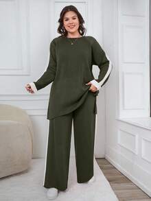 EURMUSE Sweater And Pants Two Pieces Set With Raglan Sleeve - Army Green - View 1