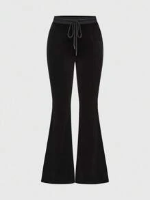 ROMWE J-Fashion Women's Y2K Baddie Low Waist "I Love London" Rhinestone Flare Velvet Pants