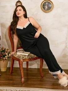 Côtesoire 大码蕾丝边性感露背吊带背心上衣和裤子女士休闲睡衣套装、服装 - 黑色 - 查看 5