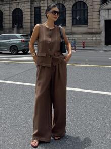 DAZY 2 件套极简主义复古硬币设计无袖圆领单排扣背心和裤子套装，高端时尚 - 棕色 - 查看 5