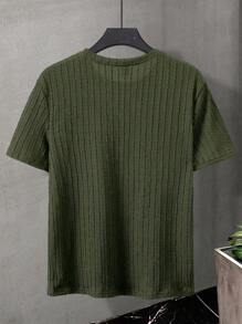 Manfinity Homme Camiseta casual de hombre con cuello redondo y manga corta de unicolor, para verano - Verde militar - Ver 2
