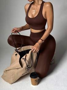 Easithlete 女士时尚纯色弹力露背运动文胸和紧身裤 2 件套运动服套装健身套装女士健身套装女士紧身裤套装