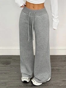 SHEIN PETITE Comfortable And Casual Plain Knitted Low Waist Wide Leg Women's Sports Pants With Fleece For Warmth In Autumn And Winter Winter Sweatpants Wide Leg Sweatpants Fleece Sweatpants Flare Sweatpants Sweatpants For Women - Grey - View 5
