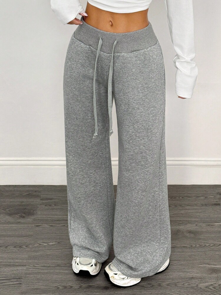 SHEIN PETITE 舒适休闲纯色针织低腰阔腿女运动长裤秋冬保暖加绒 - 灰色 - 查看 5