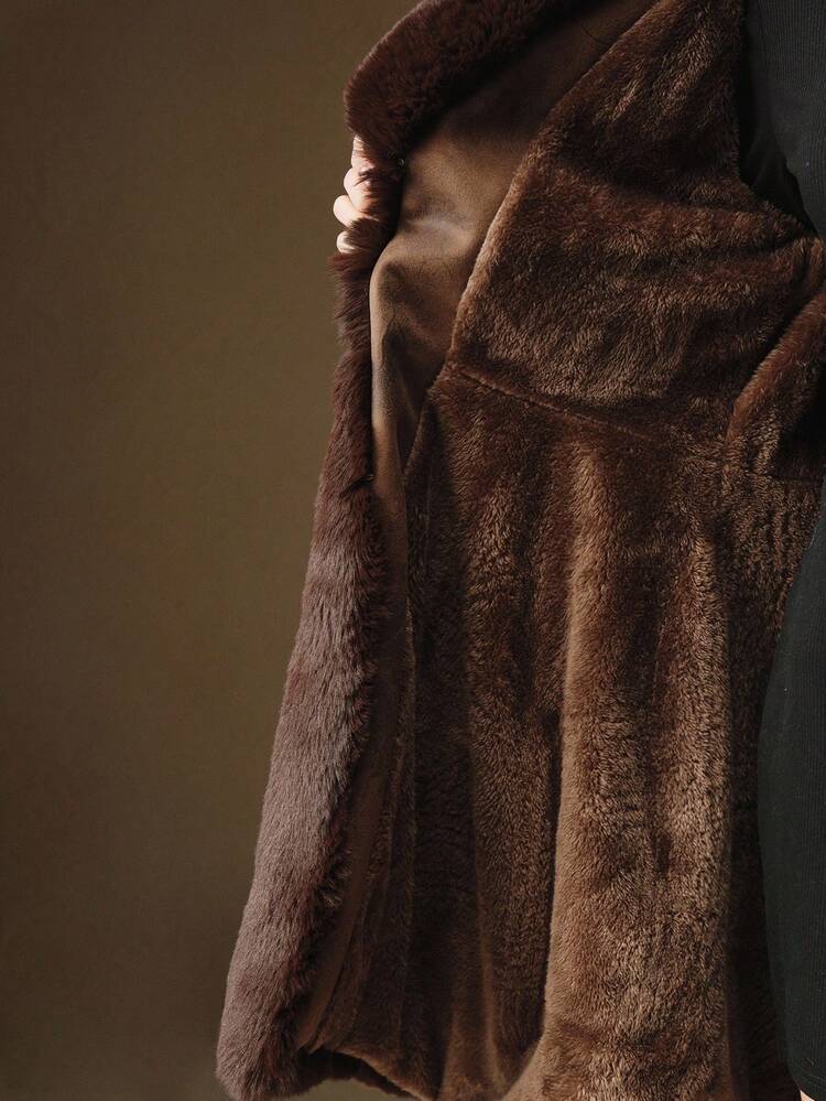 Chaqueta de piel sintética con cuello de piel esponjosa y cinturón, para otoño/invierno