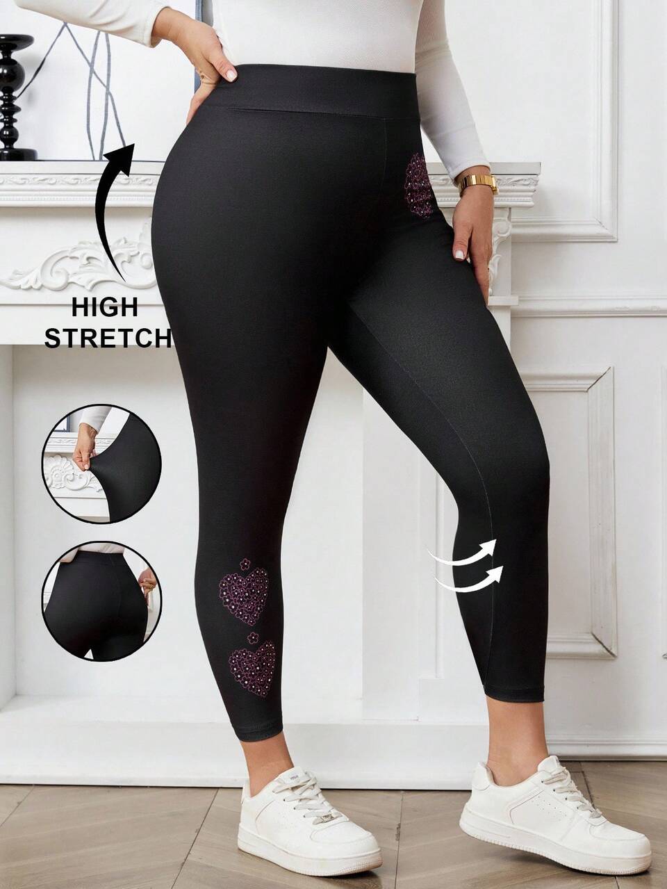 Plus Size Women Heart Print Casual Leggings,Fall,Business Casual,Classy,For Stylish Everyday Wear,Fall,Sweatpants,Chic Autumn