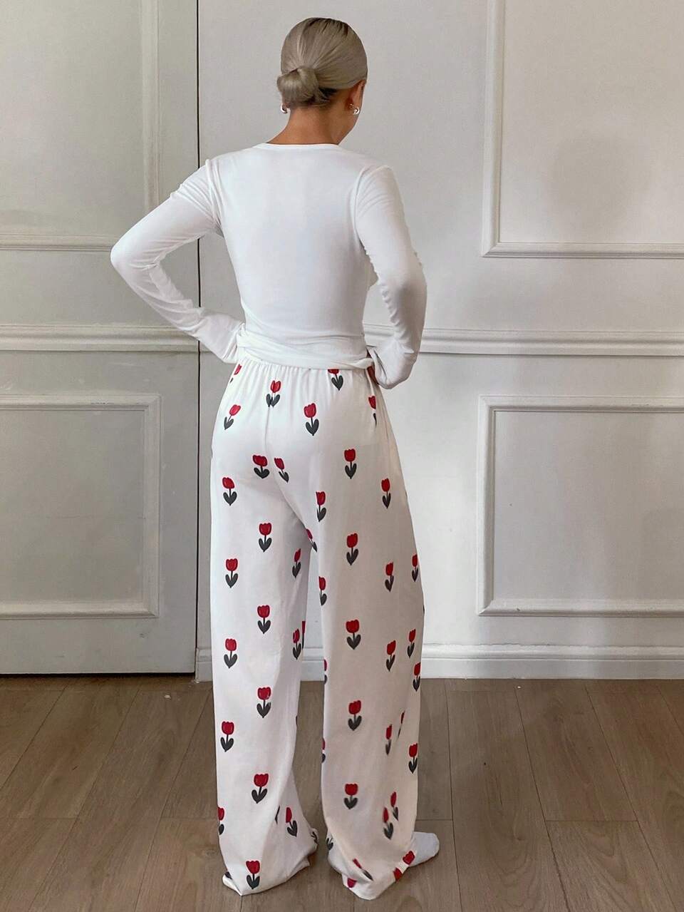 2pcs Women Long Sleeve Top And Loose Floral Print Pants Pajama Set, Fall Winter Clothes