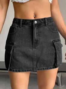 SHEIN ICON 女式夏季纯色工装牛仔裙 - 黑色 - 查看 3