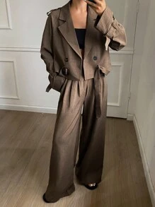 DAZY 女士休闲纯色短款外套和阔腿裤套装，秋季女装商务装 - 咖啡棕 - 查看 1