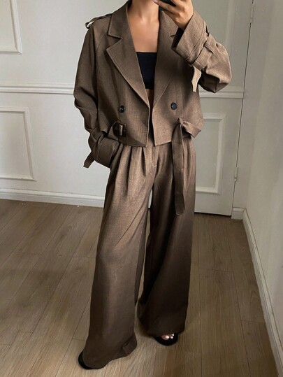 Livesso Ensemble veste courte et pantalon large en couleur unie décontracté pour femmes, tenue d'affaires pour l'automne