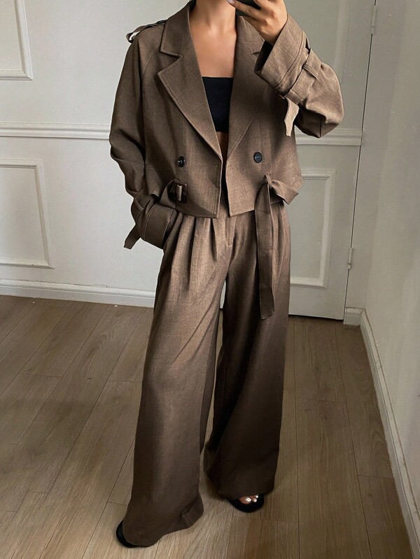 DAZY 女士休闲纯色短款外套和阔腿裤套装，秋季女装商务装