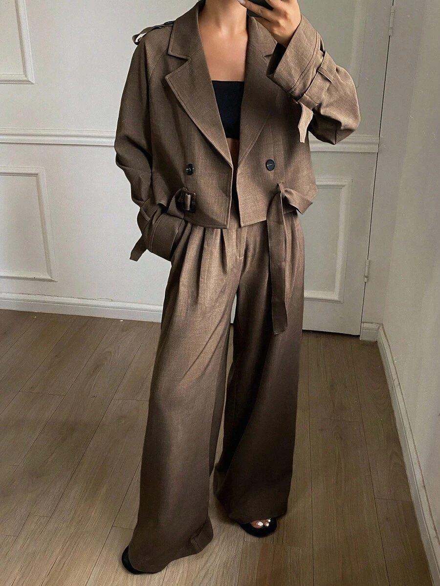 DAZY 女士休闲纯色短款外套和阔腿裤套装，秋季女装商务装 - 咖啡棕 - 查看 1