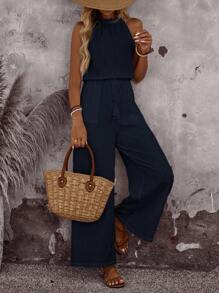 EMERY ROSE Women's Vacation Solid Color Pleated Waist Tassel Tie Pocket Wide Leg Loose Casual Jumpsuit Navy Blue Jumpsuit Women Halter Jumpsuits For Women Women Jumpsuits Summer Casual Jumpsuits For Women Summer Jumpsuits For Women - Blue - View 11