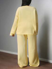 Slaydiva 两件套春夏度假休闲粉色长袖宽松圆领上衣和阔腿直筒口袋裤，柔软面料大码女式运动套装黄色两件套女士舒适两件套针织两件套两件套 - 黃色 - 查看 2
