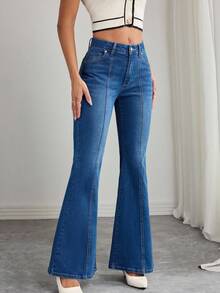 Elenzga Quần jeans ống loe ôm vừa vặn, giặt thường ngày dành cho nữ - Màu xanh lam - Xem 8