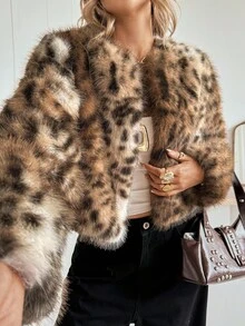 Siren Gaze 秋冬新款豹纹蓬松短款女外套 - 棕色 - 查看 3