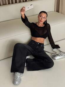 EURMUSE 100% Cotton LOW RISE WIDELEG CUT VINTAGE WASH BLACK BAGGY JEANS Jeans Wide Leg Loose Jeans - Black - View 3