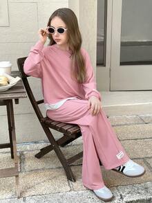 青春期女孩粉色、旅行、春夏、假期、返校节、休闲针织拼布、编织标记、圆领长袖上衣和裤子套装、返校毕业服装 - 粉色 - 查看 1