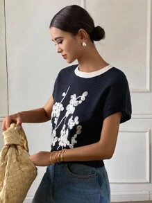 DAZY 花卉图案提花宽松短袖圆领休闲春秋季针织女式上衣 - 藏蓝色 - 查看 5
