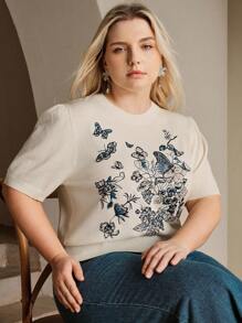 Anewsta Elegant Floral & Butterfly Embroidery Short Sleeve T-Shirt Top, Summer