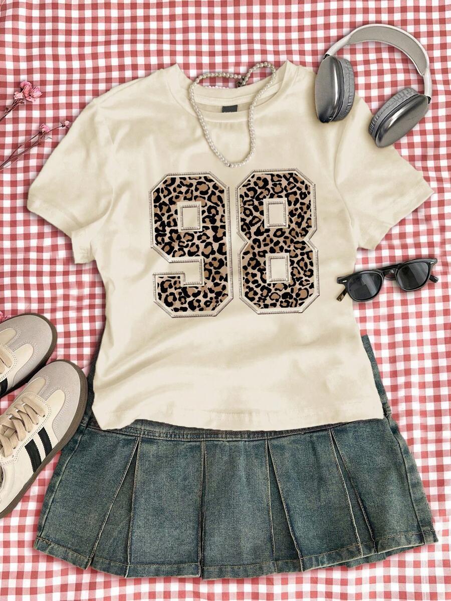 SHEIN Leap Crew 复古街头运动豹纹 98 号图案，青少年女孩修身休闲简约舒适圆领修身长袖 T 恤，适合夏季 - 彩色 - 查看 1