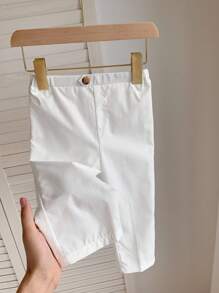 男婴白色不对称纽扣装饰松紧腰宽松绅士风裤子，适合生日派对、洗礼、1 岁生日庆祝、正式场合 - 白色 - 查看 4