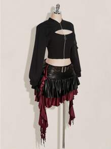 SHEIN ICON 大码翻盖口袋拉链超短款夹克（不含吊带背心） - 黑色 - 查看 10