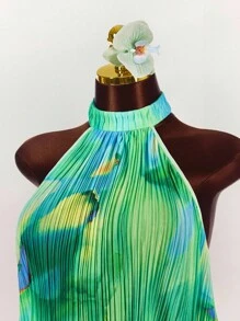 Amplova 花卉印花褶饰不对称下摆休闲背心 - 綠色 - 查看 4