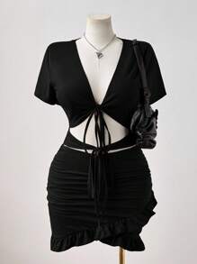 Sweetra Plus Size Women's Sexy V-Neck Tie-Up Ruched Waist Hollow Out Bodycon Dress - Black - View 3