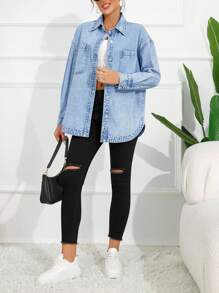 Selenza 女式落肩长袖单排扣口袋休闲牛仔衬衫 - 中等水洗藍 - 查看 6