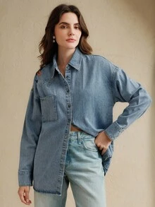 Anewsta 时尚女士珍珠刺绣蓝色牛仔衬衫 - 藍色 - 查看 4