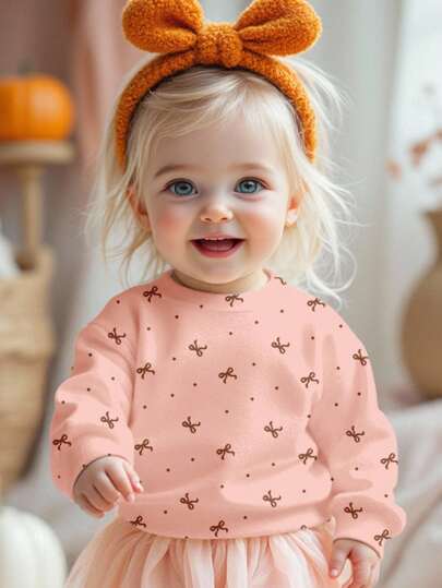 SHEIN LMoss Kids 3pcs/Set Baby Girl Casual Loose Fit Crew Neck Soft Sweatshirts, Cream White, Cream Beige, Cream Pink, Vintage Leopard Bow, Mini Polka Dot Bow Pattern, Suitable For Autumn/Winter Fall
