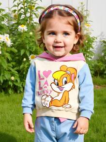 LOONEY TUNES X SHEIN Baby Girls' Cute Cartoon Rabbit Pattern Color Block Hoodie Pullover Sweatshirt, Casual And Versatile Fall Winter - Apricot - View 6