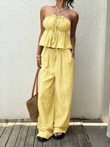 SHEIN EZwear Yellow Boho Two-Piece Outfit With Strapless Bandeau Top And Wide-Leg Pants Butter Yellow Two Piece Set - Yellow - View 6