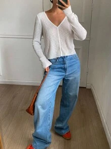 DAZY Women's Casual V-Neck Ribbed Knit Sweater Fall - White - View 3