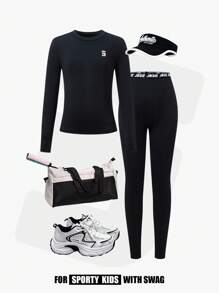 JNSQ 2 Stück/Set Jungen Herbst/Winter Sportoutfit, Slim Fit Langarm T-Shirt kombiniert mit Slim Fit Leggings, geeignet für den täglichen Gebrauch, Outdoor-Aktivitäten, Urlaub, Streetwear, Party und Lässig - Schwarz - Übersicht 2
