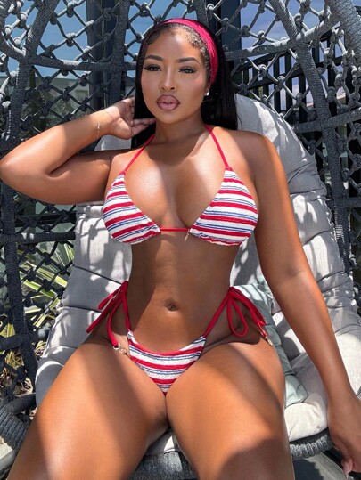 Alexandranx 2pcs Summer New Red Drawstring Halter Sexy Backless Fashionable Round Logo Ladies Bikini Swimsuit Set