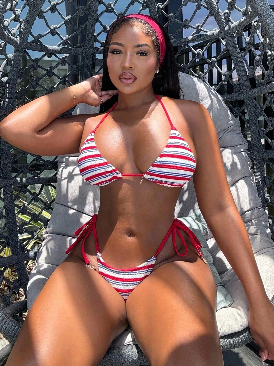 Alexandranx 2pcs Summer New Red Drawstring Halter Sexy Backless Fashionable Round Logo Ladies Bikini Swimsuit Set - Red - View 1