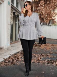 Reflora Sweter damski w dużym rozmiarze z warkoczowym wzorem, dekoltem w serek, rękawami typu latarnia, sweter w dużym rozmiarze, sweter w dużym rozmiarze, szary, dekolt w serek, długie rękawy, rękawy typu latarnia, wygodny i miękki w talii, wzór liści lotosu, codzienny, swobodny sweter, jesień, zima, jesień, zima, wieczorne wyjście, wyjście, styl vintage, damski, odpowiedni na wiele okazji, Halloween, Boże Narodzenie