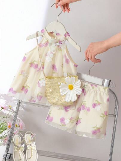 SHEIN 女宝宝花卉刺绣雪纺3D蝴蝶结装饰无袖上衣和短裤两件套，甜美活力夏日