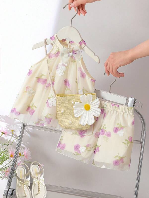 SHEIN 女宝宝花卉刺绣雪纺3D蝴蝶结装饰无袖上衣和短裤两件套，甜美活力夏日