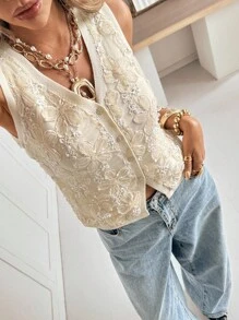 Siren Gaze 女装秋季新款3D花卉单排扣针织背心 - 杏色 - 查看 3