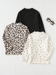 Cozy Pixies Set da 3 pezzi di magliette a maniche lunghe con volant all'orlo, con stampa a cuore, stampa leopardata e tinta unita, per ragazze giovani