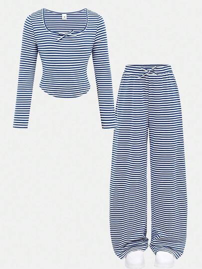 SHEIN Girlism 青少年女孩休闲日常修身 U 领长袖蓝白条纹蝴蝶结装饰针织 T 恤上衣和配套直筒宽裤 2 件套弹力针织条纹服装，舒适运动服套装