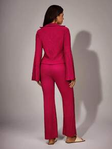 2件套女士翻领开襟喇叭袖上衣和裤子纹理家居服套装，舒适保暖，秋季服装