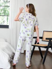 青少年女孩短袖休闲单排扣花卉印花泡泡褶睡衣套装，夏季 - 彩色 - 查看 2